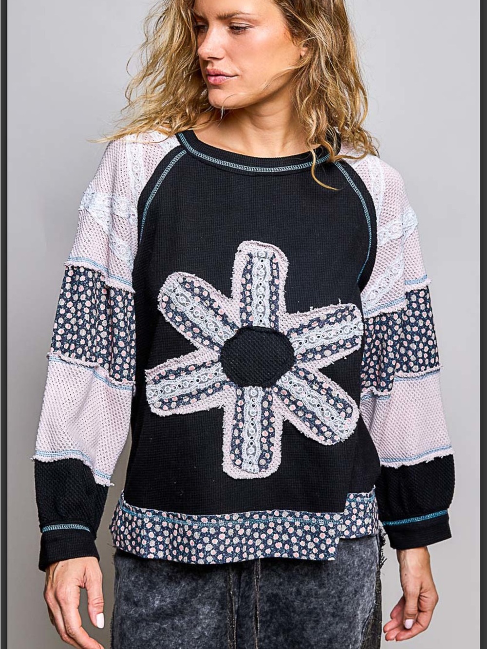 POL Thermal Waffle Knit Black & Pink Floral Patchwork Pullover Top - Picture 2 of 7